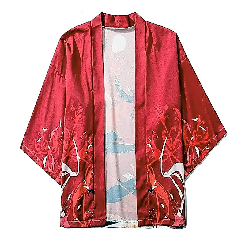 Czerwone męskie kimono haori z japońskim motywem lecących kruków na tle księżyca, widok z przodu.