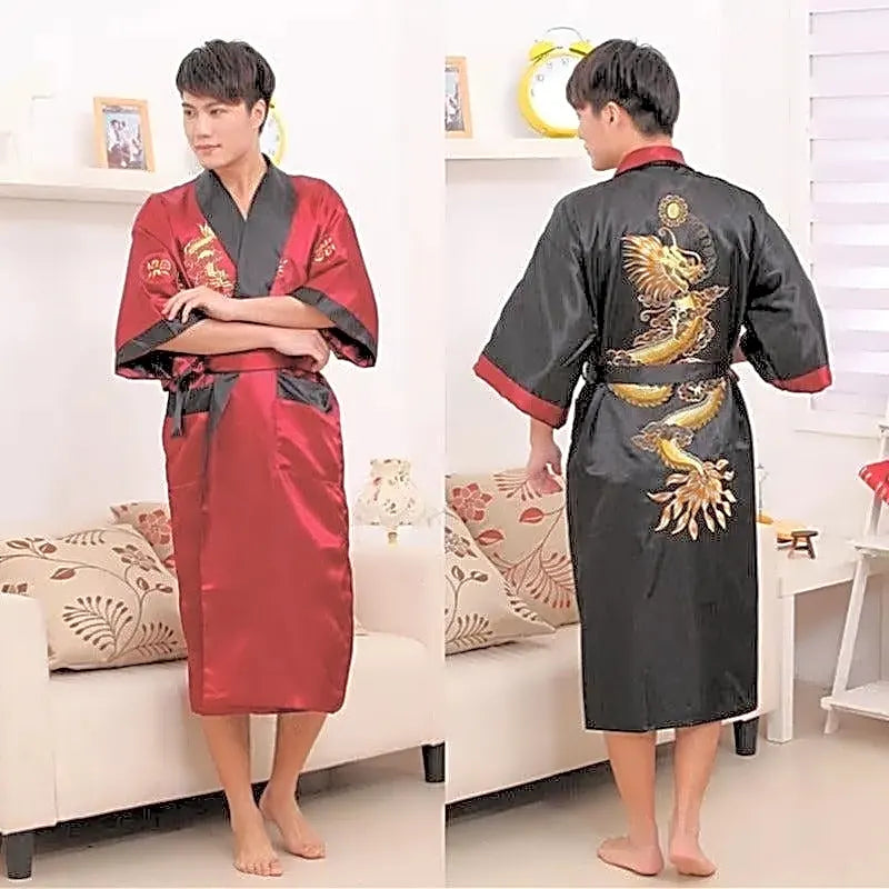 Dwustronny męski szlafrok kimono: bordowy przód i czarny tył z dużym haftowanym złotym smokiem chińskim.