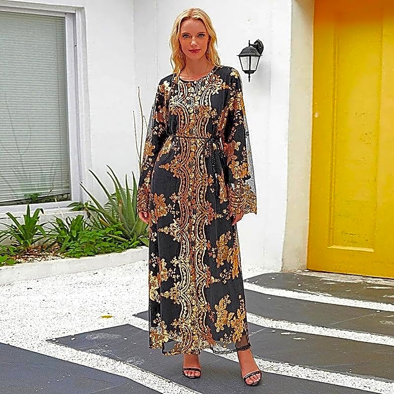 Elegancka czarna sukienka kimono maxi ze złotymi cekinami i koronkowymi rękawami, idealna na wieczór, widok z przodu.