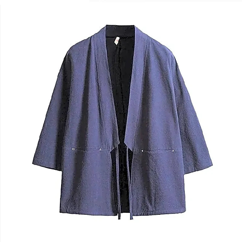 Granatowa japońska narzutka kimono męska z czystej bawełny, widok z przodu, w minimalistycznym stylu