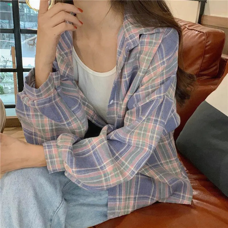 Luźna koszula damska w różowo-niebieską kratę, styl kimono, idealna narzutka na lato.