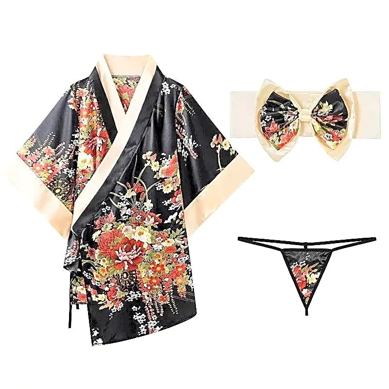 Zestaw kimono lingerie czarny kwiatowy wzór, zawiera krótkie kimono, pas z kokardą i stringi